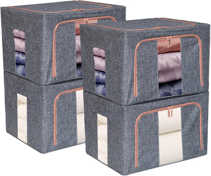 Linen Clothes Storage Bins, 4PCS Sturdy Closet Organizers and Storage Bin with Metal Frame, 2 Opening Ways Fabric Visible Lidded Storage Box for Organizing Clothing,Jeans,Sheets (4PC Gray, 60Liters)