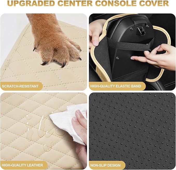 Center Console Cover for Ridgeline: Armrest Cover for Car with 2 Storage Bags - Scratch & Wear Resistant & Waterproof Leather Console Cover,Anti-Scratch Auto Armrest Pad Accessory （Beige
