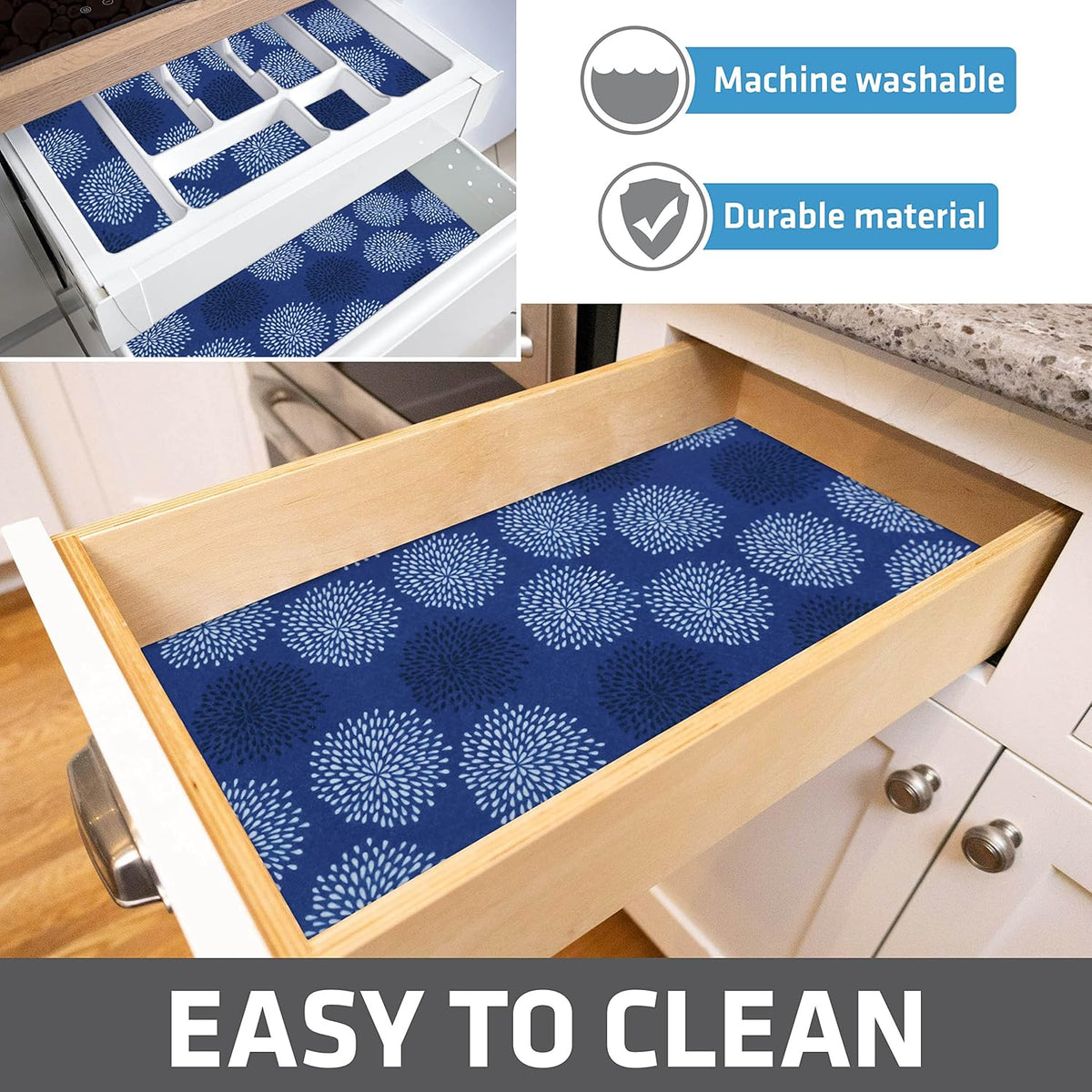 Drymate Premium Luxury Shelf & Drawer Liner, Thick Cushioned Fabric, Non-Adhesive, Absorbent, Waterproof, Slip-Resistant, Liners for Kitchen Cabinets, Cupboards (USA Made)(12”x59”)(2-Pack)(GoodBlue)