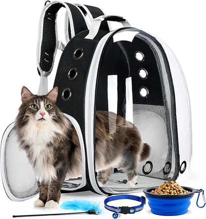 Cat Backpack Carrier with Collapsable Dog Bowl, Cat Collar & Interactive Cat Toy (4 Pcs Set)- Airline Approved Bubble Carrying Bag for Medium Dogs & Cats, Animal Carrier Backpacks, Pet Backpack |Black
