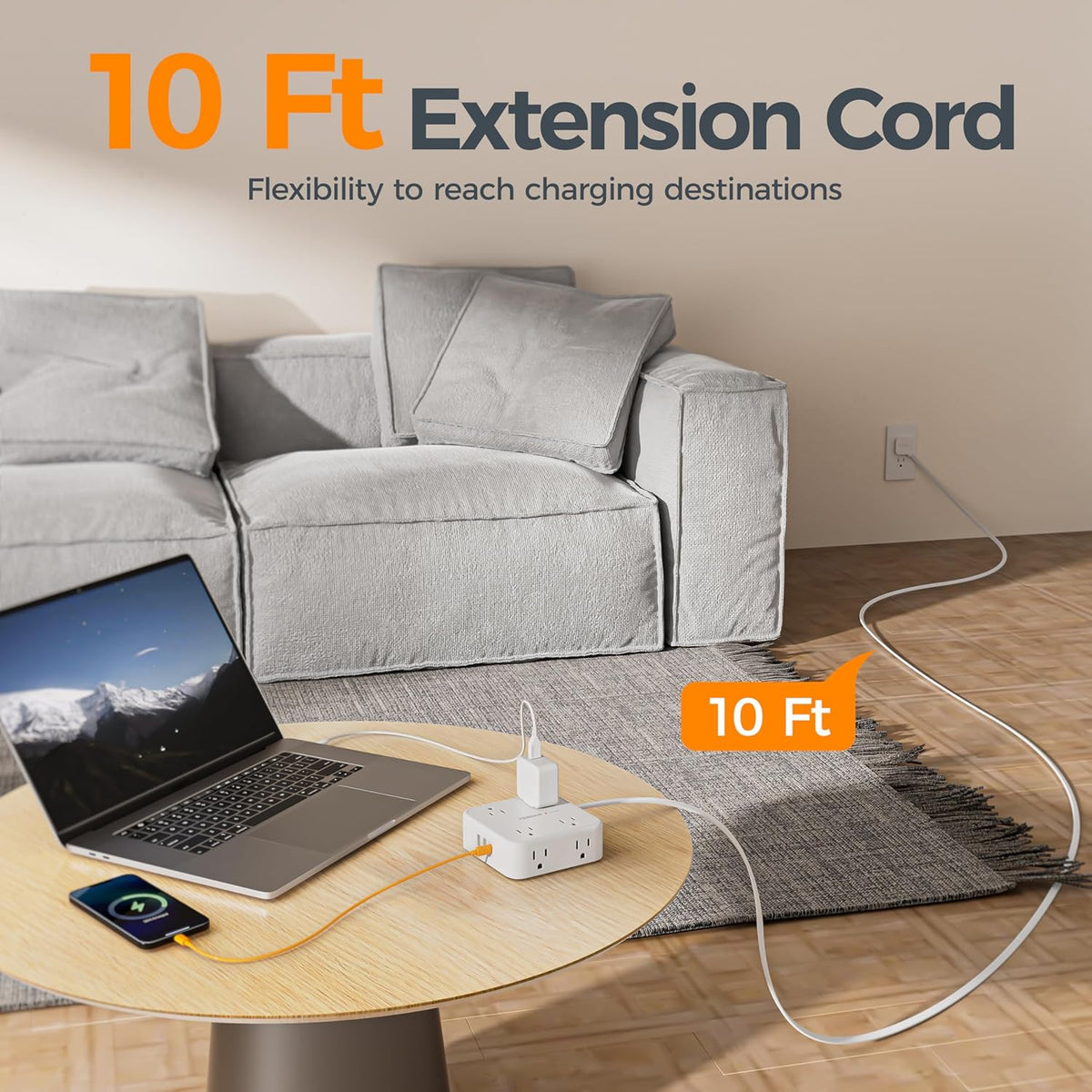 TESSAN 10 Ft Flat Plug Extension Cord with Multiple Outlets, Surge Protector Power Strip with 3 USB(1 USB C) 8 Outlets, 900J Protection, Desk Charging Station for Home, Dorm Room Essentials, White