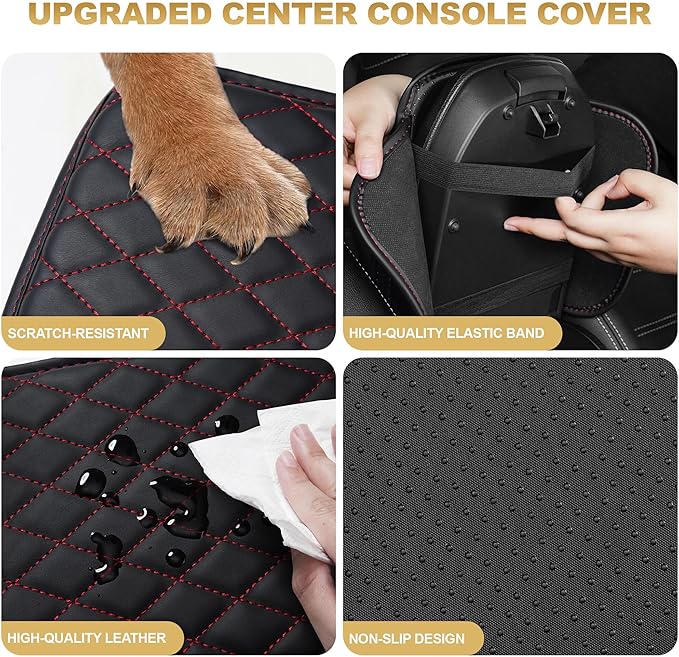 Center Console Cover for Pilot: Armrest Cover for Car with 2 Storage Bags - Scratch & Wear Resistant & Waterproof Leather Console Cover,Anti-Scratch Auto Armrest Pad Accessory （Black&Red
