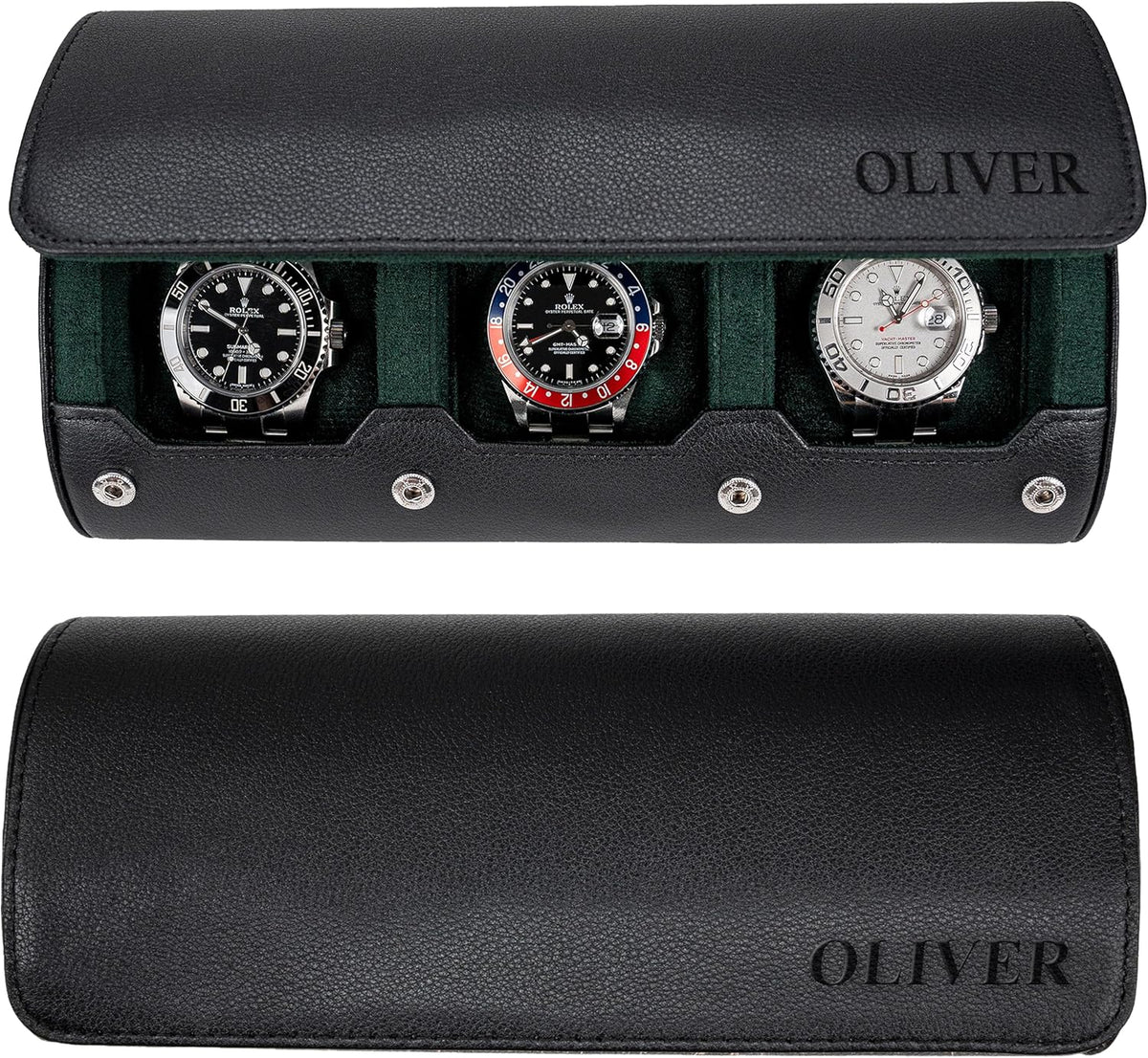 DailyWatch | Personalized Watch Roll Travel Case For 3 Watches - Handmade Genuine Leather Travel Case With Custom Engraving of Name or Initials - Black Green