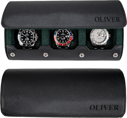 DailyWatch | Personalized Watch Roll Travel Case For 3 Watches - Handmade Genuine Leather Travel Case With Custom Engraving of Name or Initials - Black Green