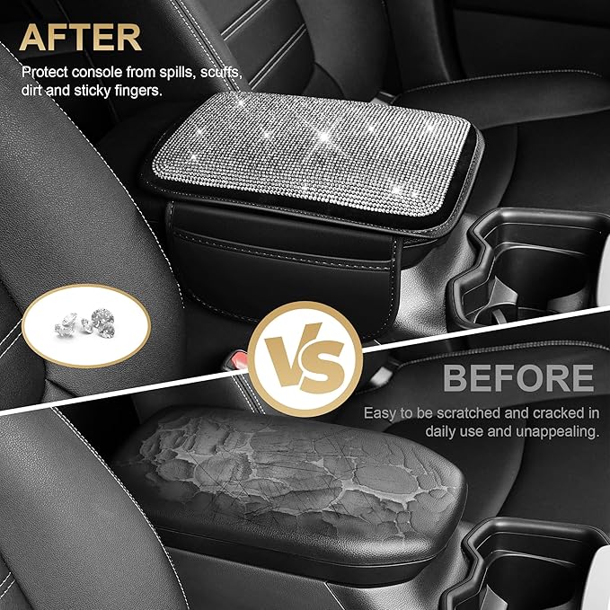 Center Console Cover Fit for TLX: Upgraded Diamond Auto Middle Console Cover - Crystal Rhinestone Armrest Cover for Car with 2 Storage Bags,Anti-Scratch Auto Armrest Pad Accessory （Black