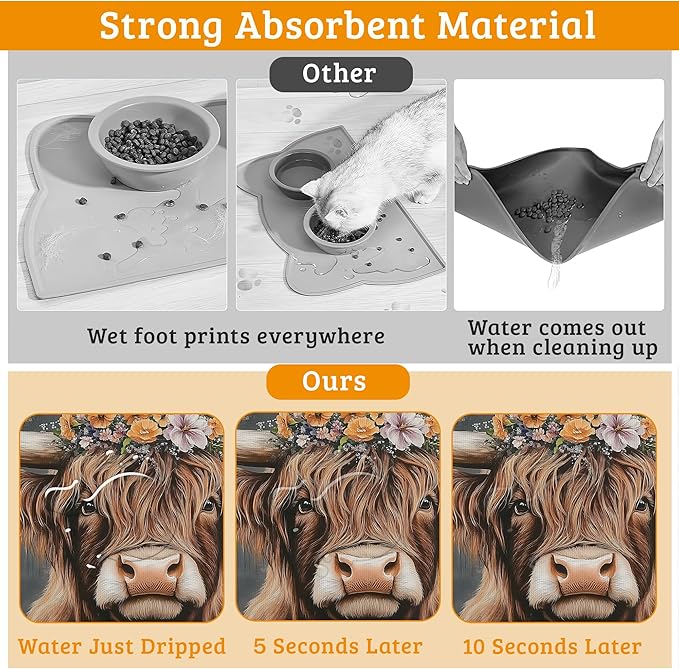 Highland Cow Feeding Mat,Absorbent Quick-Dry Cat Dog Food and Water Bowl Mats,Non-Slip Rubber Backing Mat,Cat Dog Accessories Supplies 16" x 24"
