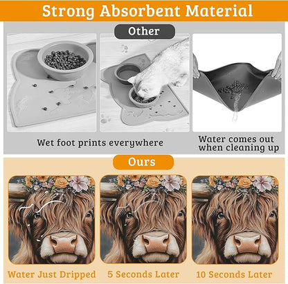 Highland Cow Feeding Mat,Absorbent Quick-Dry Cat Dog Food and Water Bowl Mats,Non-Slip Rubber Backing Mat,Cat Dog Accessories Supplies 16" x 24"