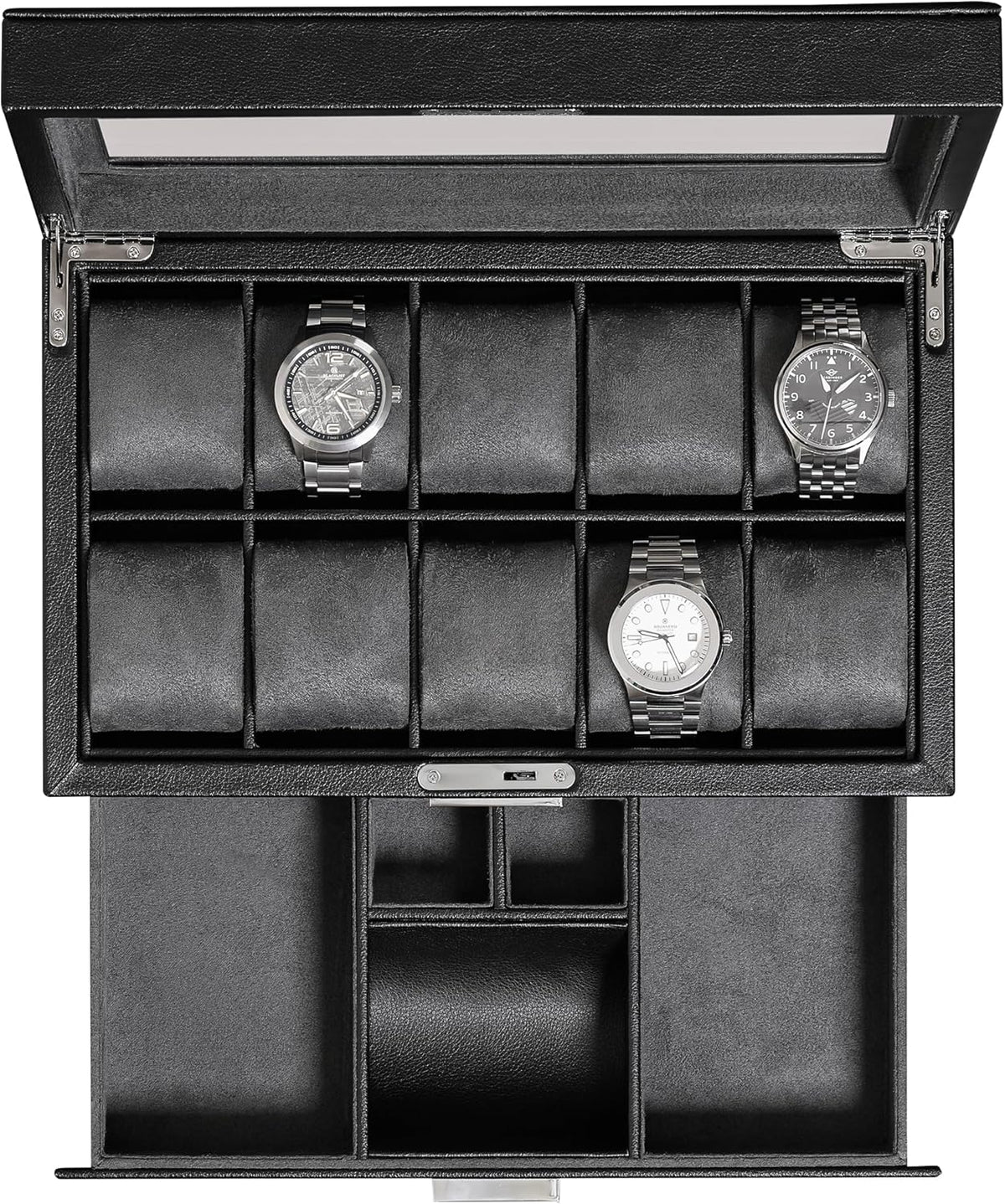 ROTHWELL 10-Slot Watch Box in Leather with Valet Drawer, Luxury Watch Case Display Organizer with Ultra Soft Microsuede Liner, Jewelry and Sunglass Holder With Large Glass top (Black/Grey)