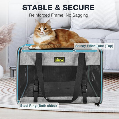 Cat Carrier for 2 Cats/Kitten, Pet Carrier for Cat, Puppy, Small Dog & Bunny, Foldable Soft-Sided Travel Pet Bag, Sturdy Frame Support, up to 25 lbs, Car Seat Belt Compatible, 20x13x13 in, Gray