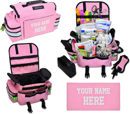 Lightning X Personalized First Responder EMT EMS Trauma Bag w/Stocked First Aid Fill Kit B & Custom Embroidered Name Patch (Pink)