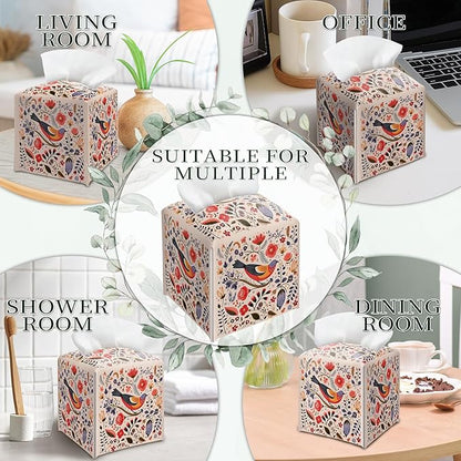 Scandi Bird Tissue Box Holder, Scandinavian Boho Leather Tissue Box Cover Square, Paper Napkins Everyday Dispenser for Bathroom Vanity Countertop Night Stands Kitchen Office Car Home Decor