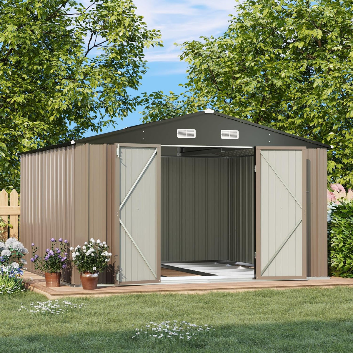Patiowell 10 x 10 FT Outdoor Storage Shed with Floor Frame, Metal Yard Shed with Design of Lockable Doors, Utility and Tool Storage for Garden, Patio, Backyard, Outside use, Brown