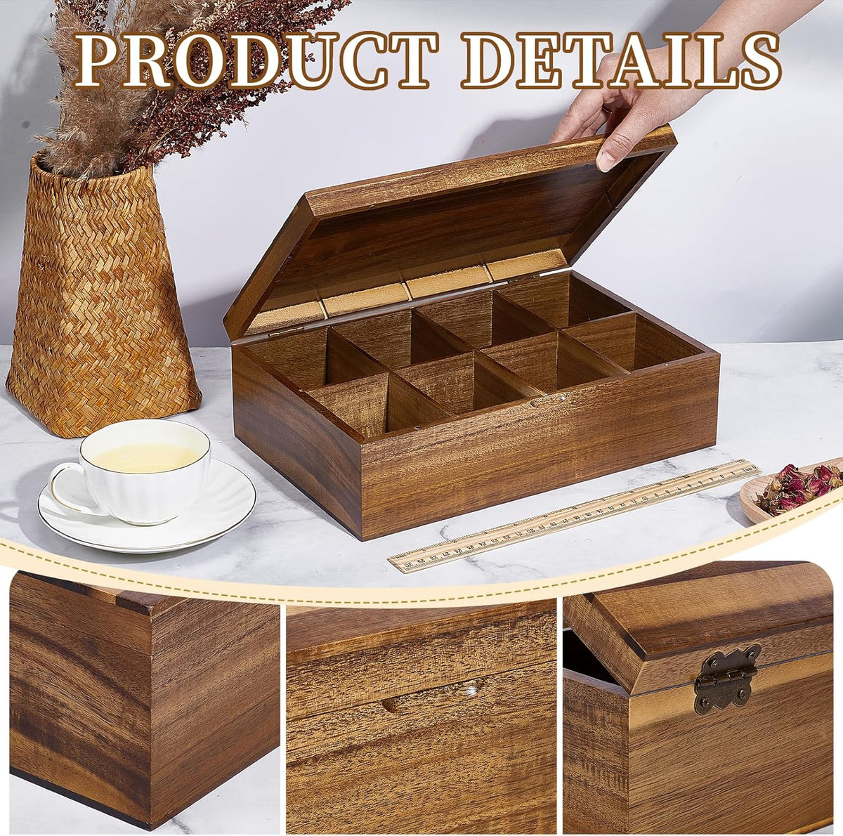 Acacia Wood Tea Bag Organizer Tea Storage Box Organizer Teabag Holder Container Tea Caddy for Tea Bags Chest 8 Compartments Divided Storage Container for Countertop Kitchen Cabinet Pantry