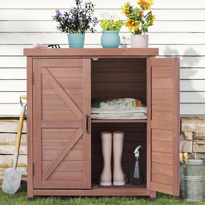 Outdoor Potting Bench with Storage Cabinet and Metal Top, Wood Workstation for Outdoor Patio, Garden (Coffee Brown, 31x17x36‘’)