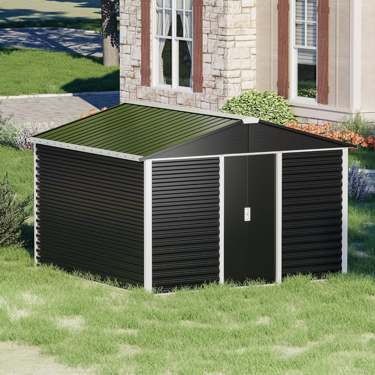 Metal Outdoor Storage Shed 10FT x 10FT, Steel Utility Tool Shed Storage House with Sliding Door, Metal Sheds Outdoor Storage for Backyard Garden Patio Lawn, Black