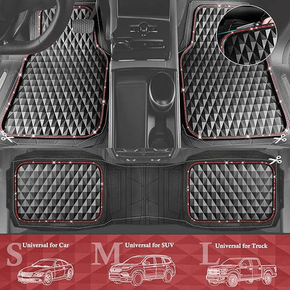 CAR PASS Bling Diamond Rubber Car Mats, Heavy Duty Deep Dish All-Weather Floor Mat Full Set Anti-Slip 3D Rhombus Waterproof Trim to Fit Liner Universal Glitter Sparkly Shining Rhinestone, 3 Pcs Red