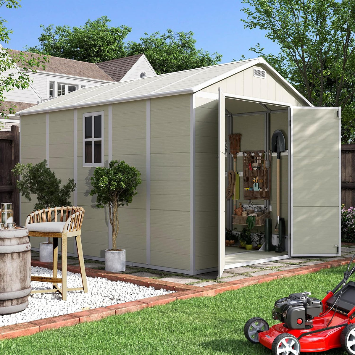 UDPATIO Outdoor Shed 7.5x10.7 FT, Plastic Storage Shed for Bike, Garbage Can, Tool, Outside Sheds & Resin Shed with Lockable Door for Backyard, Patio, Lawn, Standstone