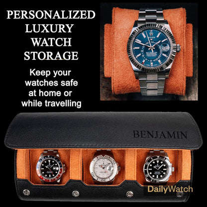 DailyWatch | Personalized Watch Roll Travel Case For 3 Watches - Handmade Genuine Leather Travel Case With Custom Engraving of Name or Initials - Black Orange