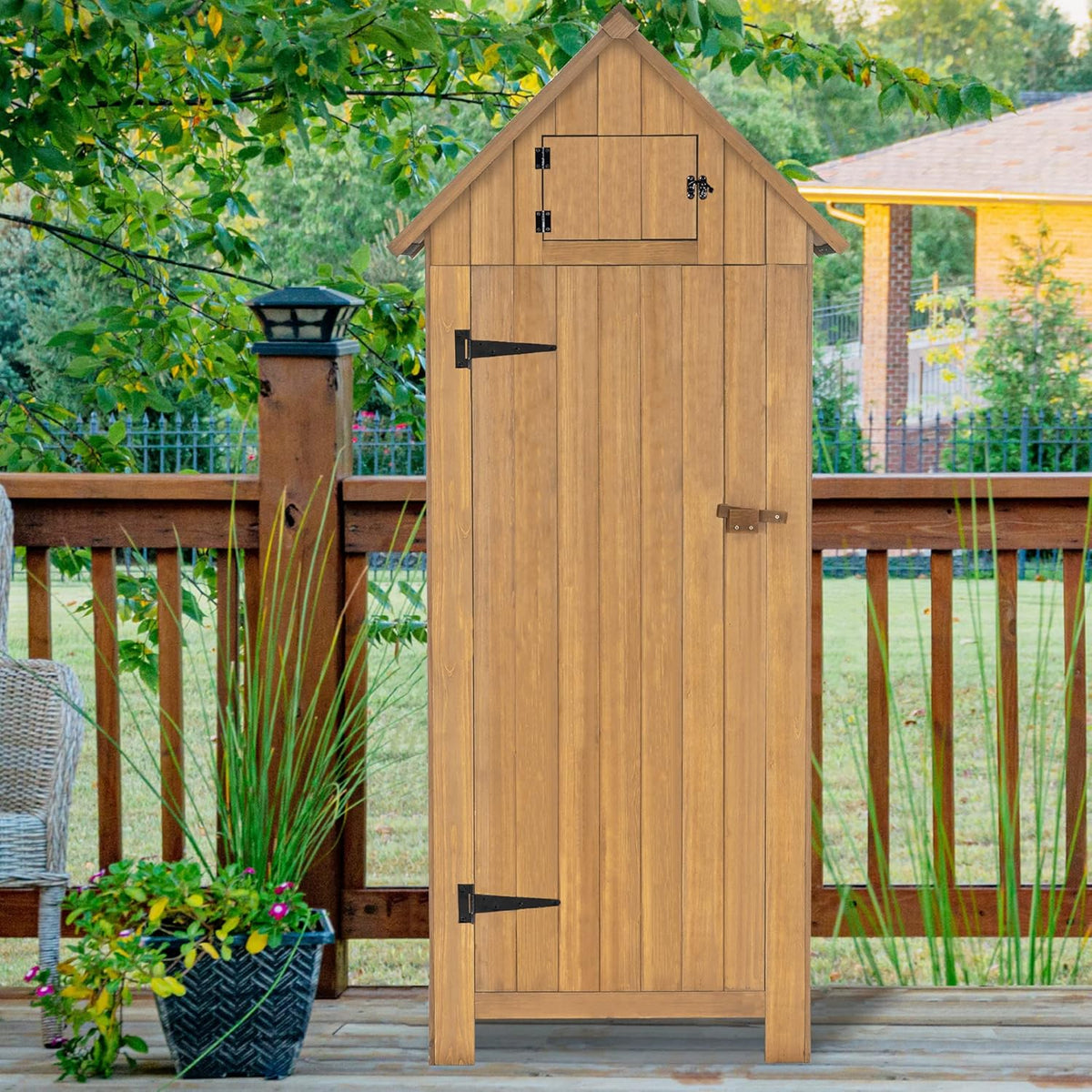 MCombo Outdoor Storage Cabinet with Shelves, Wooden Outside Storage Shed with Floor, Garden Tool Shed for Patio Yard Lawn, 0770 (Natural)