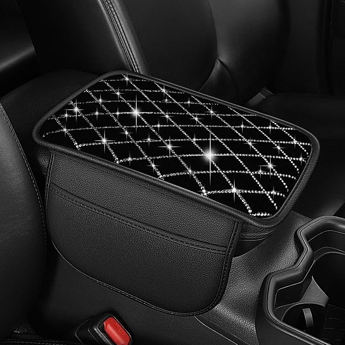Center Console Cover Fit for TLX: Upgraded Bling Diamond Car Armrest Cover - Crystal Rhinestone Car Center Console Cover with 2 Storage Bags,Anti-Scratch Auto Armrest Pad Accessory （Black