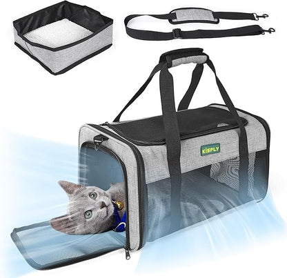 TSA Approved Pet Carrier in Cabin, 17"x11"x9.5" Soft Cat Carriers for Small Cats up to 12 lb, Top-Open Portable Dog Carrier with Litter Box and Anti-Scratch Mesh for Puppy up to 10 lb, Gray