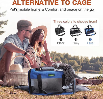 TSA Approved Pet Carrier in Cabin, 17"x11"x9.5" Soft Cat Carriers for Small Cats up to 12 lb, Top-Open Portable Dog Carrier with Litter Box and Anti-Scratch Mesh for Puppy up to 10 lb, Blue